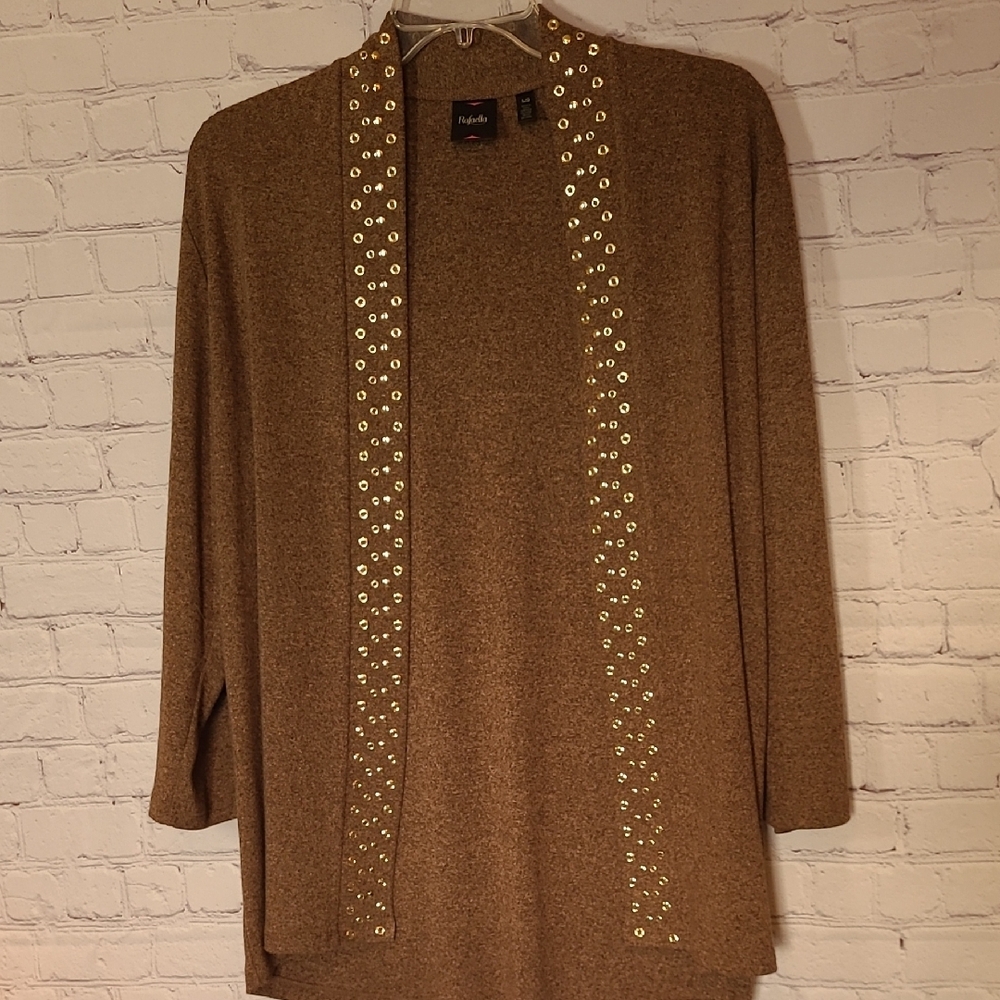 Brown Gold Studded Accented Large Open Front Cardigan Neutral Office
